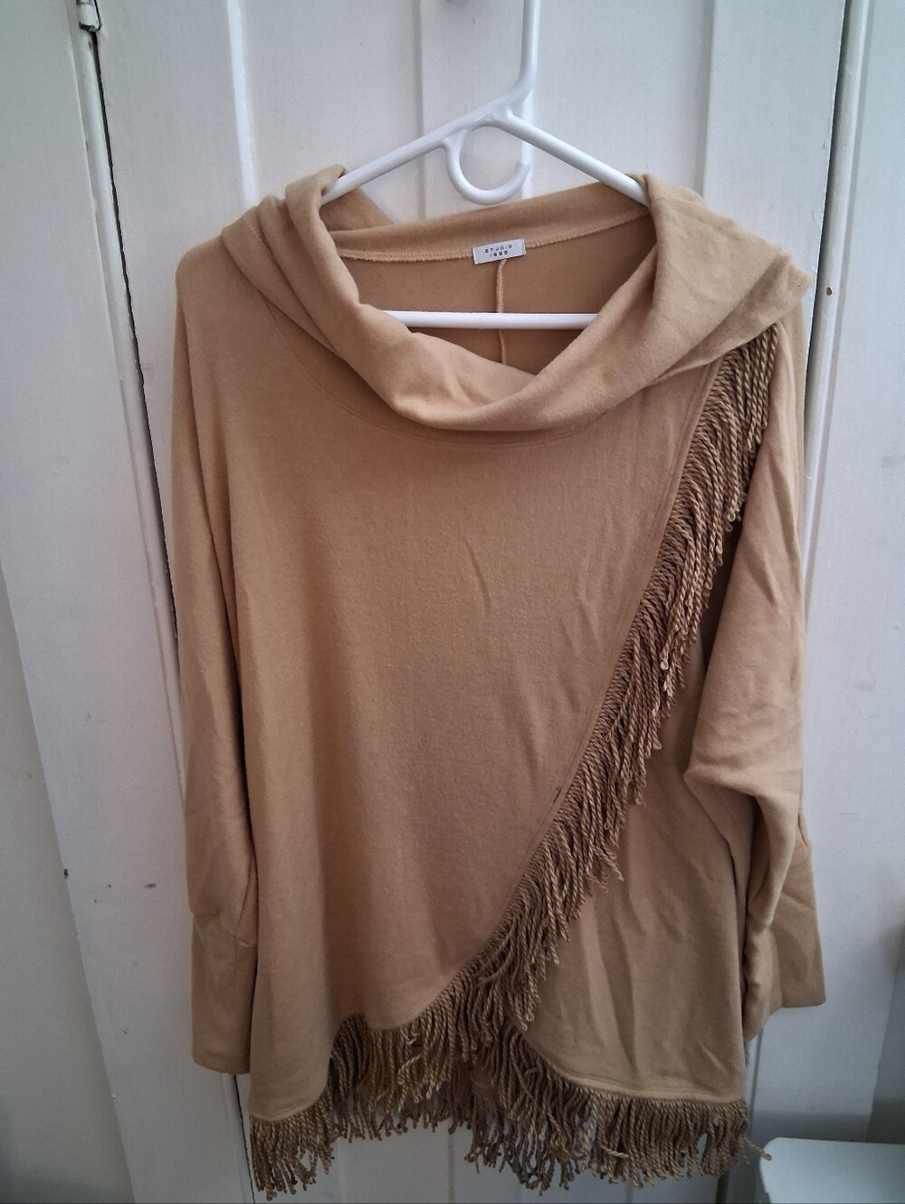 Avon STUDIO 1886 Fringe Cowl Neck Pullover Tan Top Long Sleeve XL